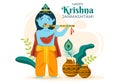 Happy Krishna Janmashtami festival of India with Bansuri and Flute, Dahi Handi and Peacock Feather in Cute Cartoon Illustration