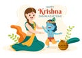 Happy Krishna Janmashtami festival of India with Bansuri and Flute, Dahi Handi and Peacock Feather in Cute Cartoon Illustration