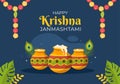 Happy Krishna Janmashtami festival of India with Bansuri and Flute, Dahi Handi and Peacock Feather in Cute Cartoon Illustration