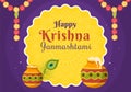 Happy Krishna Janmashtami festival of India with Bansuri and Flute, Dahi Handi and Peacock Feather in Cute Cartoon Illustration