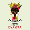 Happy Kwanzaa greeting card, background. Simple, abstract, modern, hand drawn illustration, black woman silhouette with fruits Royalty Free Stock Photo