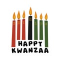 Happy Kwanzaa greeting card with kinara candles - red, black, green with hand drawn symbols of seven principles of Royalty Free Stock Photo