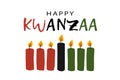 Happy Kwanzaa greeting card with text logo, seven candles in traditional African colors - red, black, green. Simple