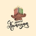 Happy Kwanzaa hand lettering, candle holder Kinara Royalty Free Stock Photo