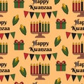 Happy Kwanzaa seamless pattern background in Modern flat style with Kinara candle holder, corn, gift box, text. Vector Royalty Free Stock Photo