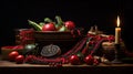 Happy Kwanzaa. Table set with traditional African food, still life