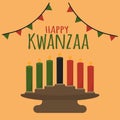 Happy Kwanzaa - text. African American ethnic cultural holiday. Candle holder kinara vector illustration isolated on white. Seven