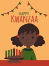 Happy Kwanzaa - text. African American ethnic cultural holiday. Cute little African American black curly girl with candle holder