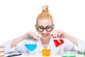 Happy lab assistant mixes fluids in a laboratory