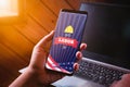 Happy labdor day mockup mobile phone concept. Close up business woman hand holding smart phone with Happy Labor Day on screen with