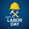 Happy Labor Day Architect cap, hammer, wrench design on blue background