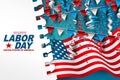 Happy Labor Day background with American national flag and garland bunting decoration with torn out white sheet of paper. Flyer or