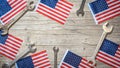 Happy Labor Day background banner greting card template - American flags and wrench working symbols, isolated on rustic wood Royalty Free Stock Photo