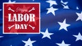 Happy Labor Day background banner greting card template - Waving American flag and lettering with working symbols