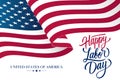 Happy Labor Day celebration card with waving United States national flag and hand lettering text design. Royalty Free Stock Photo