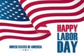 Happy Labor Day celebration card with waving United States national flag.