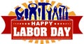 Happy Labor Day colorful celebrating banner with rays of sunburst and silhouettes of workers Royalty Free Stock Photo