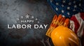 Happy Labor day concept. American flag with different construction tools on dark stone background, with copy space for text Royalty Free Stock Photo