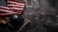 Happy Labor day concept. American flag with different construction tools on dark stone background, with copy space for text. Royalty Free Stock Photo