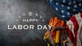 Happy Labor day concept. American flag with different construction tools and the text on dark stone background Royalty Free Stock Photo