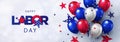 Happy Labor Day greeting banner. Festive design with helium balloons in national colors of american flag and pattern of stars. Royalty Free Stock Photo