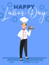 Happy Labor Day greeting card design with chef holding a food dome in his hand below text on blue with gear wheels in a