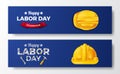 Happy labor day. international worker day. employee engineer with 3d safety yellow helmet with blue background