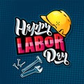 Happy Labor Day lettering. Cartoon design with construction tools and protective helmet. Royalty Free Stock Photo