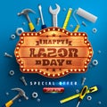 Happy Labor Day poster.USA labor day celebration with Wood boards signs,Hammer,Screws, nuts and other tools.Sale promotion Royalty Free Stock Photo
