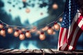 Happy Labor Day Text Over Defocused Blue Bokeh Lights Background with Patriotic American Flags Border Royalty Free Stock Photo