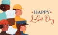 Happy Labor Day vector flat banner. Illustration with people group of different occupation. Firefighter, builder, doctor