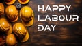 Happy Labour Day Banner - Wooden background with yellow construction helmets