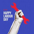 Happy Labour Day concept in halftone collage style. A hand holding a wrench. 1st may workers day poster and social media