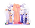 Happy Labour day. Construction workers with Raised up giant arm fist celebrate Labour Day On 1 May illustration