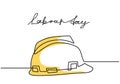 Happy Labour Day. One continuous line drawing of yellow hard hat with lettering Labour Day. Safety hard construction hat icon Royalty Free Stock Photo