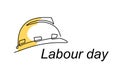 Happy Labour Day. One continuous line drawing of yellow hard hat with lettering Labour Day. Safety hard construction hat icon Royalty Free Stock Photo