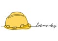 Happy Labour Day. One continuous line drawing of yellow hard hat with lettering Labour Day. Safety hard construction hat icon