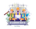 Happy Labour day with three construction workers holding a sketch of a working map, hammer, and wrench. Celebrate workers day Royalty Free Stock Photo