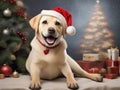 Happy Labrador dog with Santa Claus hat and Christmas tree background Royalty Free Stock Photo