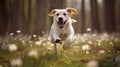 A happy Labrador puppy runs towards a meeting