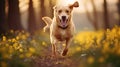 A happy Labrador puppy runs towards a meeting