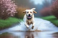 happy labrador running through puddles