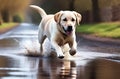 happy labrador running through puddles in the park