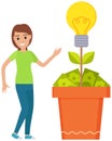 Happy lady dancing near money tree. Plant pot with light bulb and bills. Cultivation of ideas