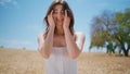 Happy lady shake hair at summer meadow closeup. Carefree woman sunshine portrait Royalty Free Stock Photo