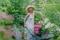 Happy lady with wheelbarrow loaded with garden equipment and flower pots with hydrangea seedlings Royalty Free Stock Photo