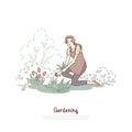 Happy lady working in garden, female gardener in apron, plant care, horticulture chores, agriculture, gardening banner Royalty Free Stock Photo