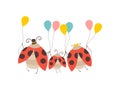 Happy Ladybug Family, Cheerful Mother, Father and Their Baby Holding Colorful Balloons, Back, View, Cute Cartoon Insects