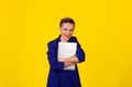 Happy with laptop. Portrait of college student look happy holding tablet computer smiling. Multicultural Latina girl short hair Royalty Free Stock Photo