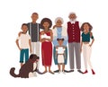 Happy large black family portrait. Father, mother, grandmother, grandfather, sons, daughters and dog together. Vector Royalty Free Stock Photo